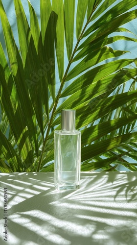 Clear Perfume Bottle on a Table With Palm Leaves Casting Shadows in Bright Na...