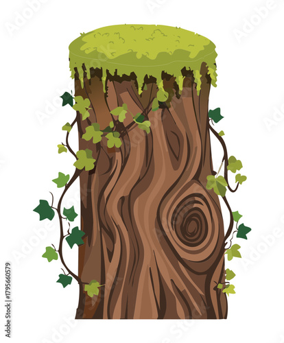 Detailed Plant Tree Stump with Growing Ivy and Moss Vector Illustration for Natural Forest Environment Graphics