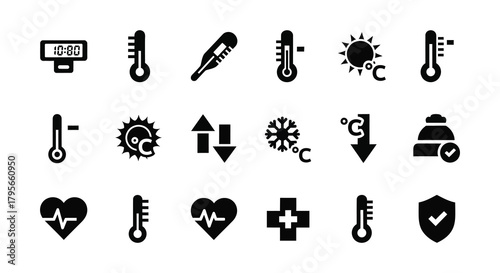Collection of black weather health and temperature related icons displayed neatly