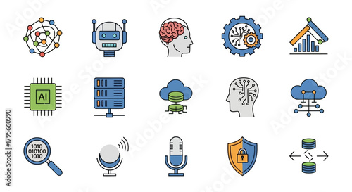 Modern technology icons set featuring ai brains robots cloud computing data circuits and security shields for digital innovation concepts isolated on white background