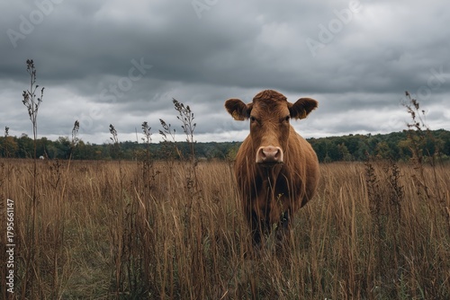 Brown Cow Standing in Tall Grass Under Cloudy Sky in Rural Landscape