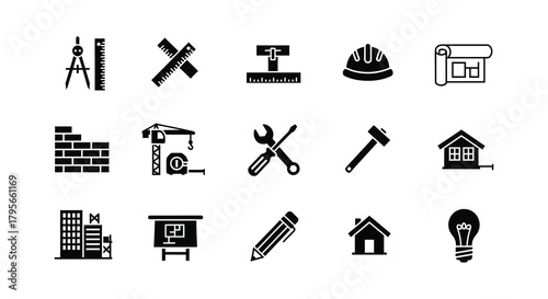 Construction and architectural icons tools buildings and design elements illustrated