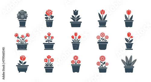 An arrangement of potted flowers in red and dark teal colors