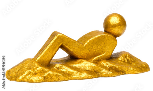 Abstract golden sculpture of a figure reclining with knees bent on a textured base