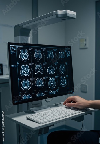 Detailed view of medical imaging workstation, showcasing diagnostic interpretation of various scans with advanced technology ,ultrasound ,analysis ,hospital