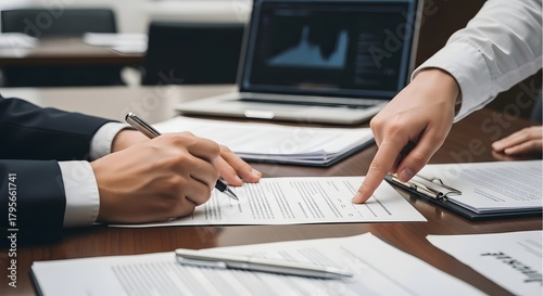 Business Professionals Reviewing and Signing Documents at Office Desk