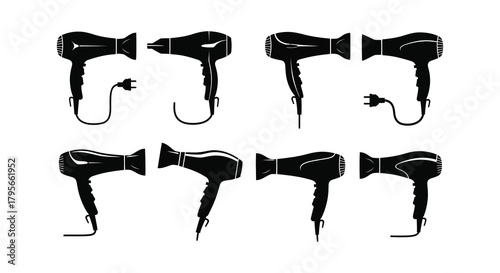 Collection of diverse hair dryer silhouettes in a black and white design