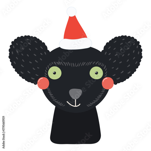 Indri lemur in a Santa Claus hat isolated on transparent. Hand drawn flat vec...