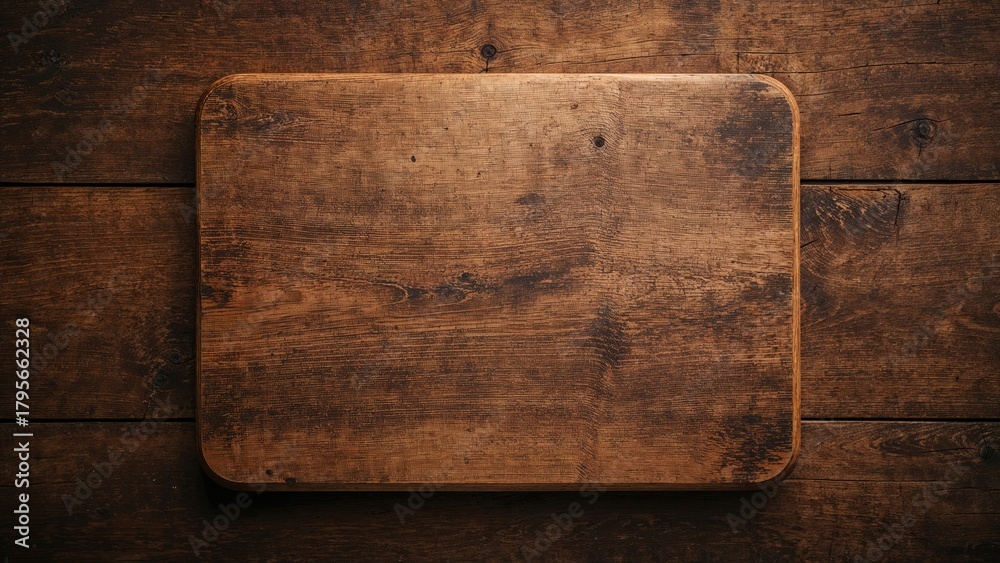 Fototapeta premium A wooden cutting board placed on a dark wooden surface.