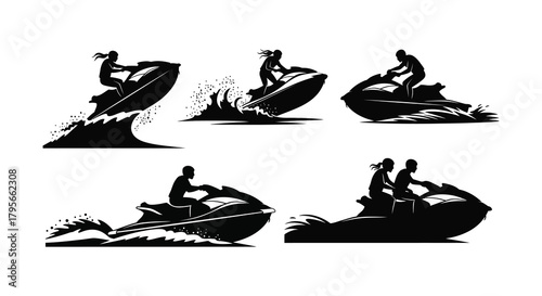 Silhouette illustrations of people enjoying jet ski rides on the water