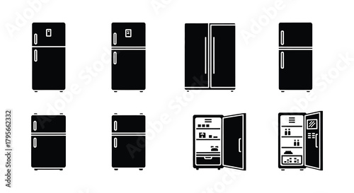 A collection of black and white refrigerator icons in various styles