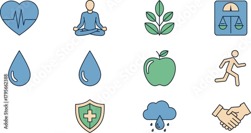 Diverse healthcare and wellness icons representing health nutrition fitness meditation security and care isolated on white background