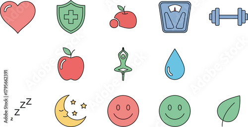 Set of hand-drawn healthcare wellness lifestyle icons featuring heart shield apple glass dumbbell water droplet smileys and moon isolated on white background