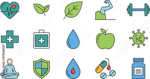 Healthy lifestyle and medical icons collection featuring heart fitness apple virus shield pills and more for wellness promotion isolated on white background