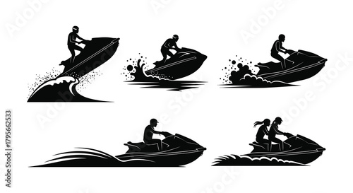 Silhouette illustrations of people enjoying jet ski rides on the water
