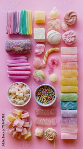 Colorful Assortment of Candies Displayed on Pink Background for Festive Celeb...
