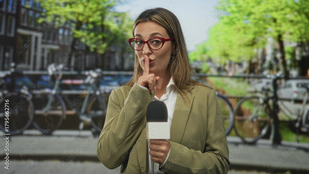 Fototapeta premium Blonde young woman holding microphone, finger to lips for silence on street in amsterdam wearing blazer and red glasses during on camera report; secrecy.