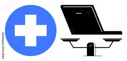 A blue medical cross next to a laptop resting on balancing scales, representing the balance between healthcare and technology. Ideal for telemedicine, innovation, medical workflow, health-tech