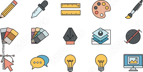 Graphic design tools and icons set for creative professionals illustrating art and design concepts for digital platforms isolated on white background