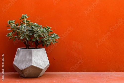 Modern Succulent Plant in Geometric Pot Against Vibrant Orange Wall