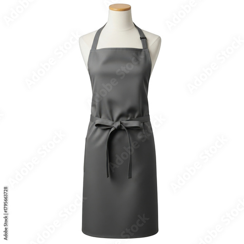 Dark grey kitchen apron on a mannequin, isolated on transparent background