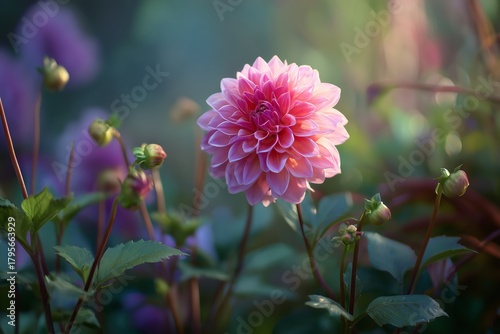 Beautiful Pink Dahlia Blooms in a Serene Garden Setting During Golden Hour Light