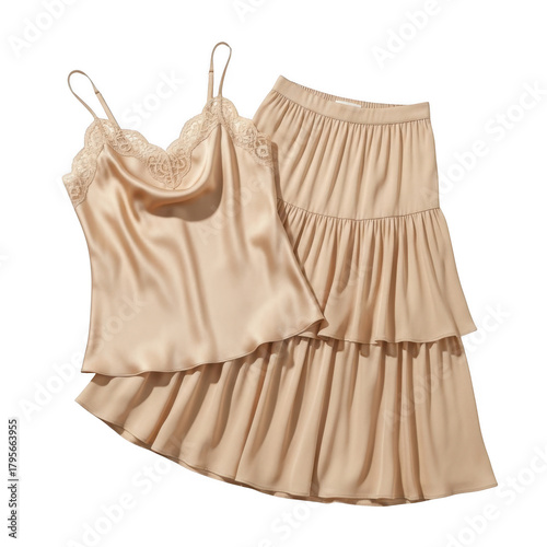 Elegant beige silk camisole with lace detail and matching tiered skirt isolated on transparent background