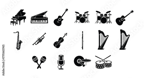 Diverse collection of musical instruments depicted in a monochromatic style