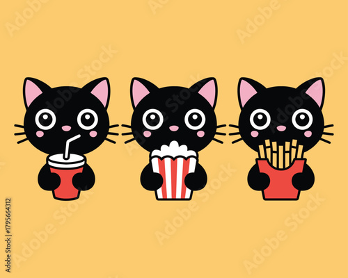 Playful cartoon black kittens indulging in sweet and savory snacks, fun flat design illustration