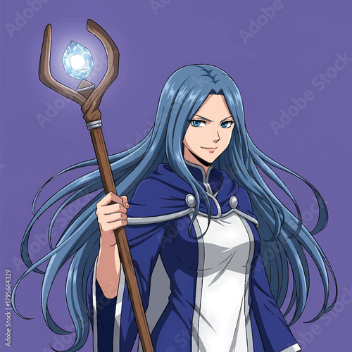 Anime Sorceress with Staff and Blue Hair in Fantasy Setting.