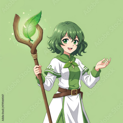 Anime girl with green hair and a magical staff with a glowing leaf.