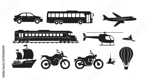 Diverse modes of transportation including cars planes trains and watercraft