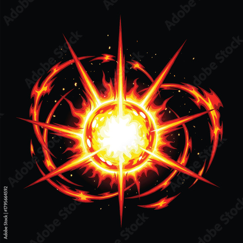 Fiery Explosion with Radial Energy and Circular Flames on Black.