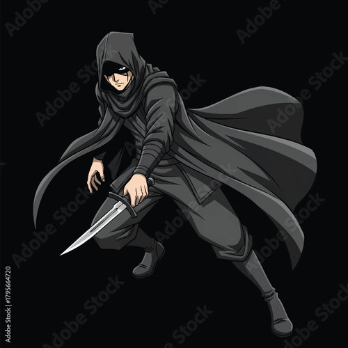 Hooded Assassin with Dagger in Dark Clothing and Mask.