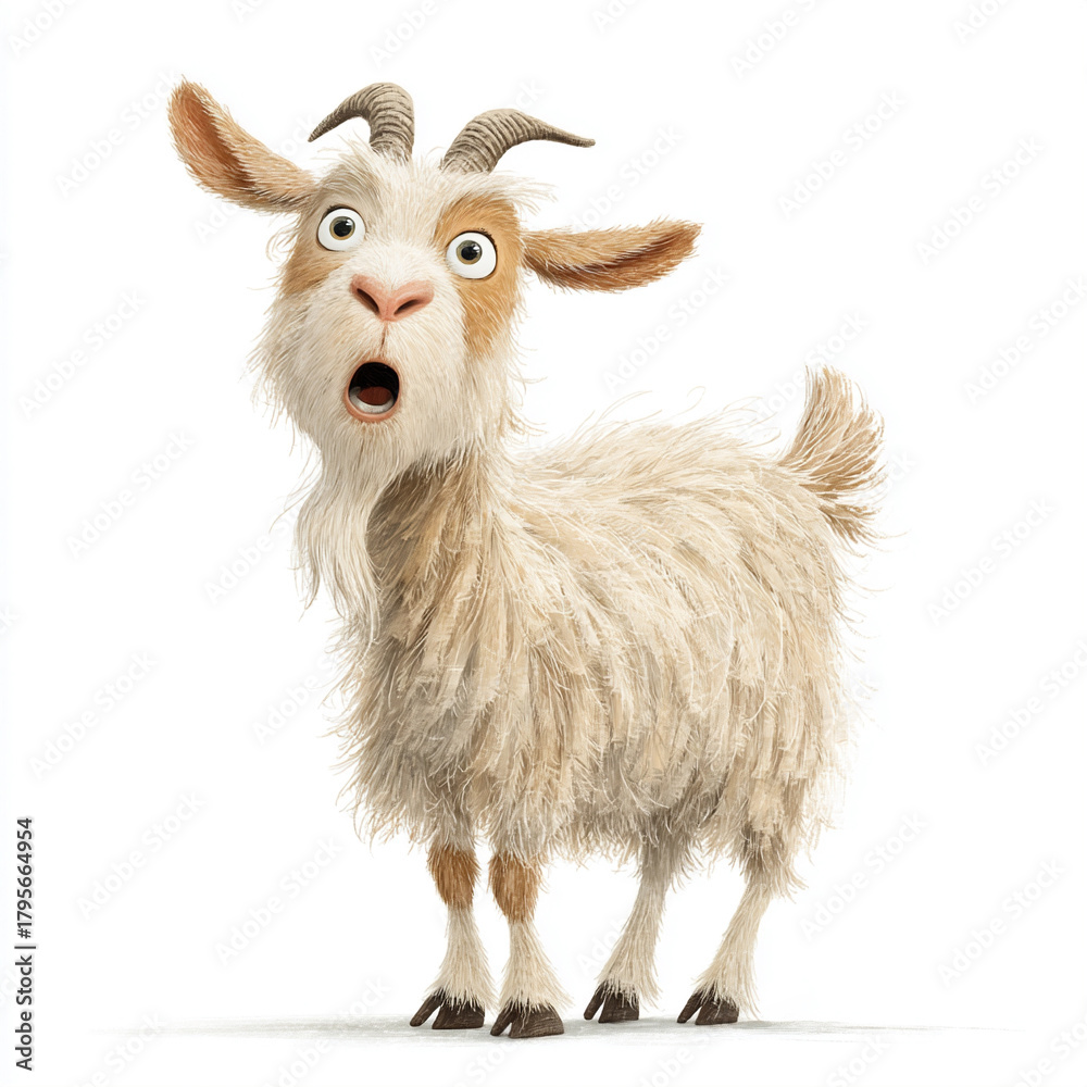 Obraz premium Funny white goat with surprised expression stands against a plain background in a playful pose in an animated style