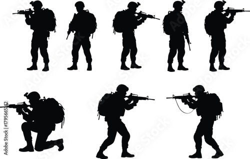 Armed soldier silhouette vector set in tactical combat poses, military gear, rifle action, battlefield movement for defense and war themes.