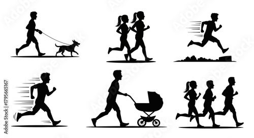 Running people with dog and stroller. Silhouettes of individuals and families engaged in fitness activities. Collection of active healthy lifestyle vector icons.