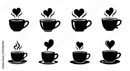 Collection of Eight Black Silhouettes of Coffee Cups with Heart-Shaped Steam Rising, Depicting Warmth and Love for Beverages, Isolated on White Background for Cafe or Drink-Related Designs