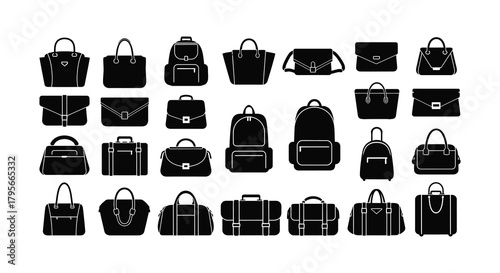 Collection of various black silhouette handbags backpacks and luggage items