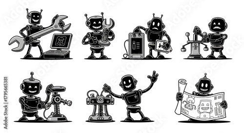 Set of six black and white robot illustrations engaged in various mechanical and technical tasks, featuring cheerful and busy automatons with tools and plans