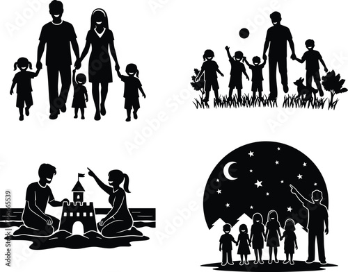 Happy family silhouette scenes showing outdoor play, beach bonding, stargazing moments, and walking together in nature for lifestyle concepts.