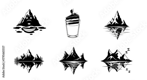 Mountain Landscapes Reflection Icon Set Nature Scenery Elements