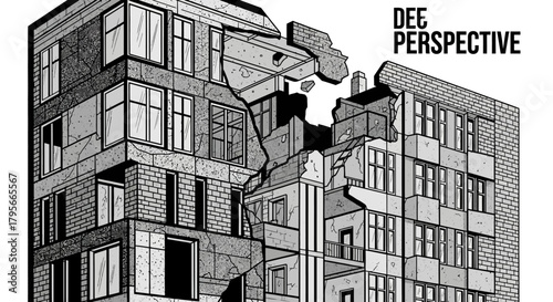 Architectural structure breakdown vector illustration featuring building facade crumbling apart conceptualizing destruction or renovation process