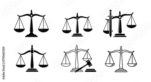 Black and white illustrations depicting scales of justice and legal symbols