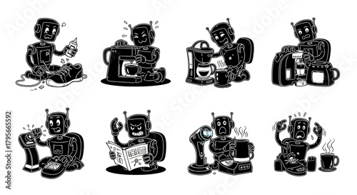 Compilation of eight robot character illustrations performing daily routines like preparing coffee reading newspaper experiencing frustration