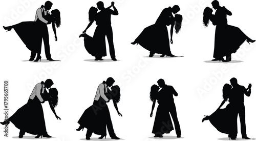 Romantic dancing couple silhouette set in elegant poses, ballroom movement, flowing dress, expressive vector illustration for dance and love themes.