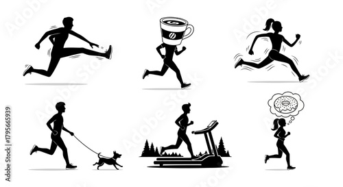 Set of six unique running silhouettes illustration Different poses and scenarios of people jogging for exercise and fitness outdoor and indoor sports activity
