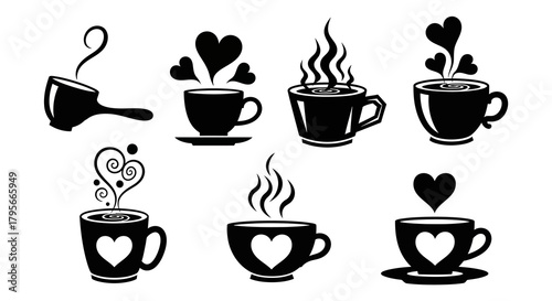 Stylized Coffee Cup Silhouette Vector Set with Heart and Steam Elements Beverage and Comfort Concepts