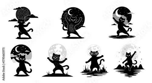 Eight unique black cat silhouettes under a full moon, featuring circuit board patterns, cityscapes, and various poses, blending feline grace with technological and urban themes