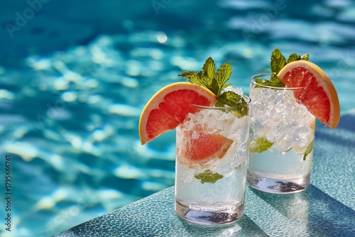 Refreshing Summer Drinks by the Poolside With Ice and Citrus Garnishes
